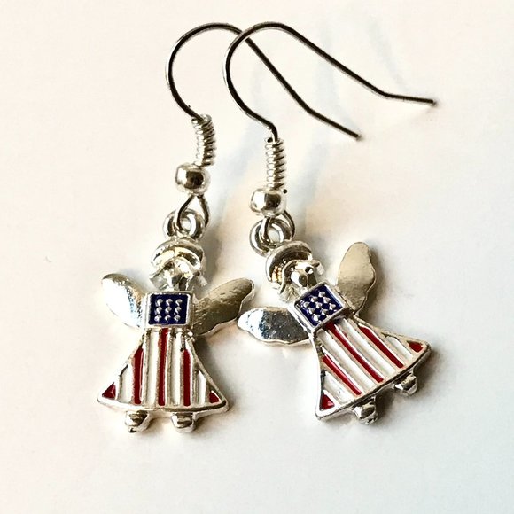 USA American Flag Necklace Earrings Set Angel Patriotic July 4th Enamel 18" - Picture 3 of 12